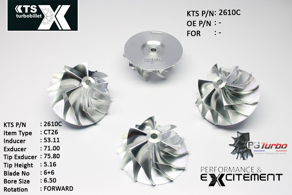 Turbo ROUE FORGÉE MFS PERFORMANCE - 6+6 PALES - INDUCER : 53,11 - EXDUCER : 71 - TYPE : CT26ANGLE : 70° - ROTATION : Forward - SUPER BACK : -1,37 - BORE SIZE : 6,5
